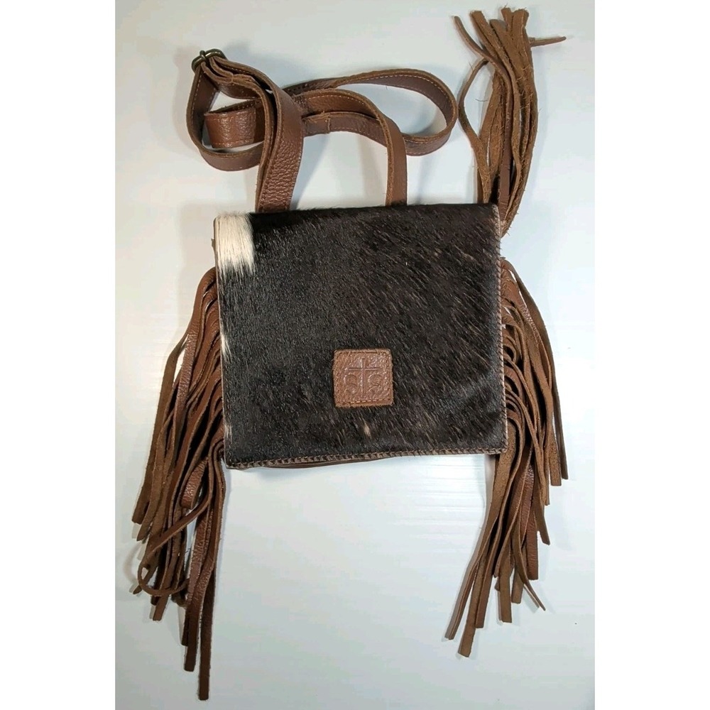 STS Ranchwear Cowhide Miss Kitty Crossbody Leather Wallet Purse Bag Fringe Brown